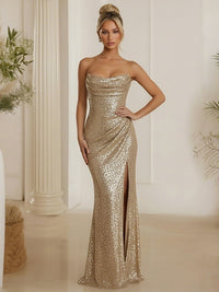 Sheath Sweetheart Ruched Sequined Formal Dresses with Split Side
