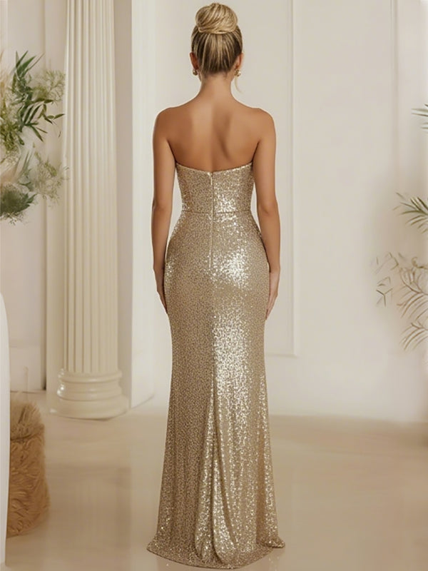 Sheath Sweetheart Ruched Sequined Formal Dresses with Split Side