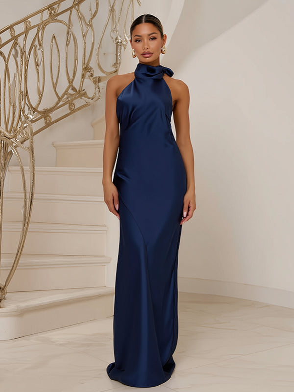 Sheath Halter Neck Sleeveless Floor Length Satin Formal Dresses