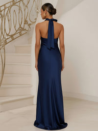 Sheath Halter Neck Sleeveless Floor Length Satin Formal Dresses