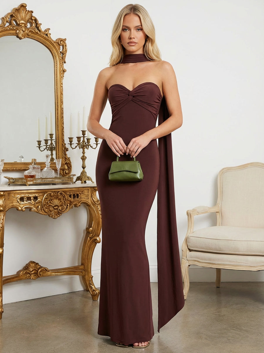 Mermaid Floor Length Strapless Formal Dresses with Scarf Twist