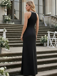 Halter Sheath Sleeveless Long Ruched Formal Dresses with Rhinestones Slit Side