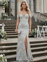 Jacquard Off the Shoulder Floor Length Floral Formal Dresses with Slit Side