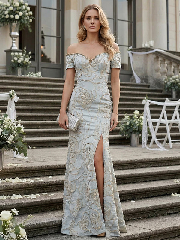 Jacquard Off the Shoulder Floor Length Floral Formal Dresses with Slit Side