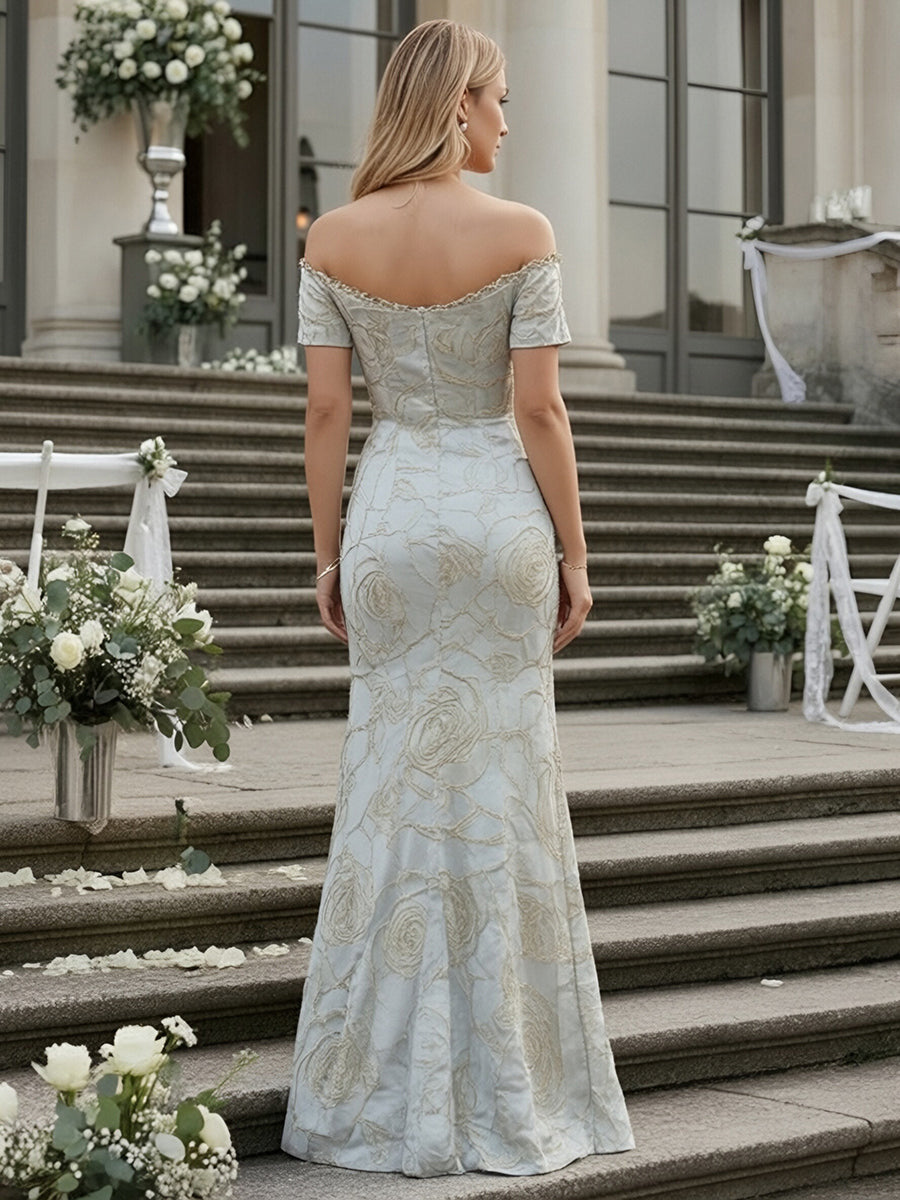 Jacquard Off the Shoulder Floor Length Floral Formal Dresses with Slit Side