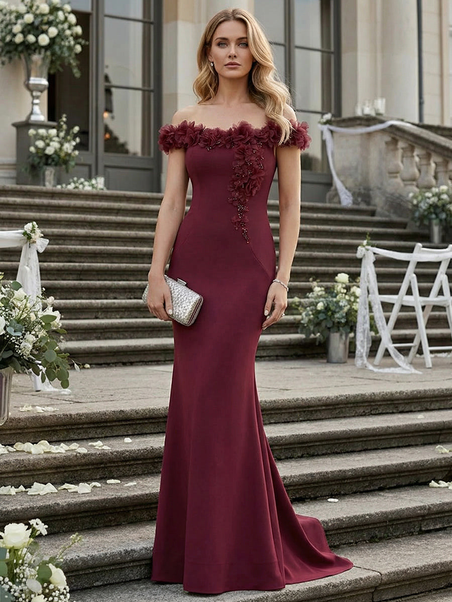 Mermaid Beaded Off the Shoulder Long Elegant Formal Dresses with 3D Flowers