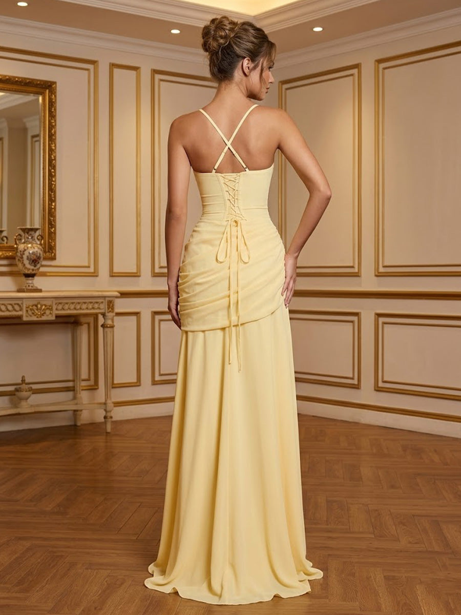 Chiffon Spaghetti Straps Pleated Drop Waist Prom Dresses for Women