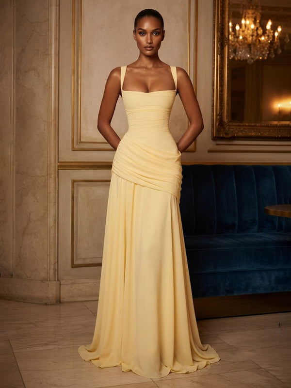 Chiffon Spaghetti Straps Pleated Drop Waist Prom Dresses for Women