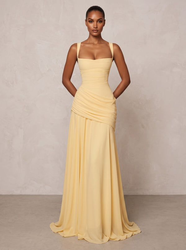 Chiffon Spaghetti Straps Pleated Drop Waist Formal Prom Dresses for Women Evening Gowns