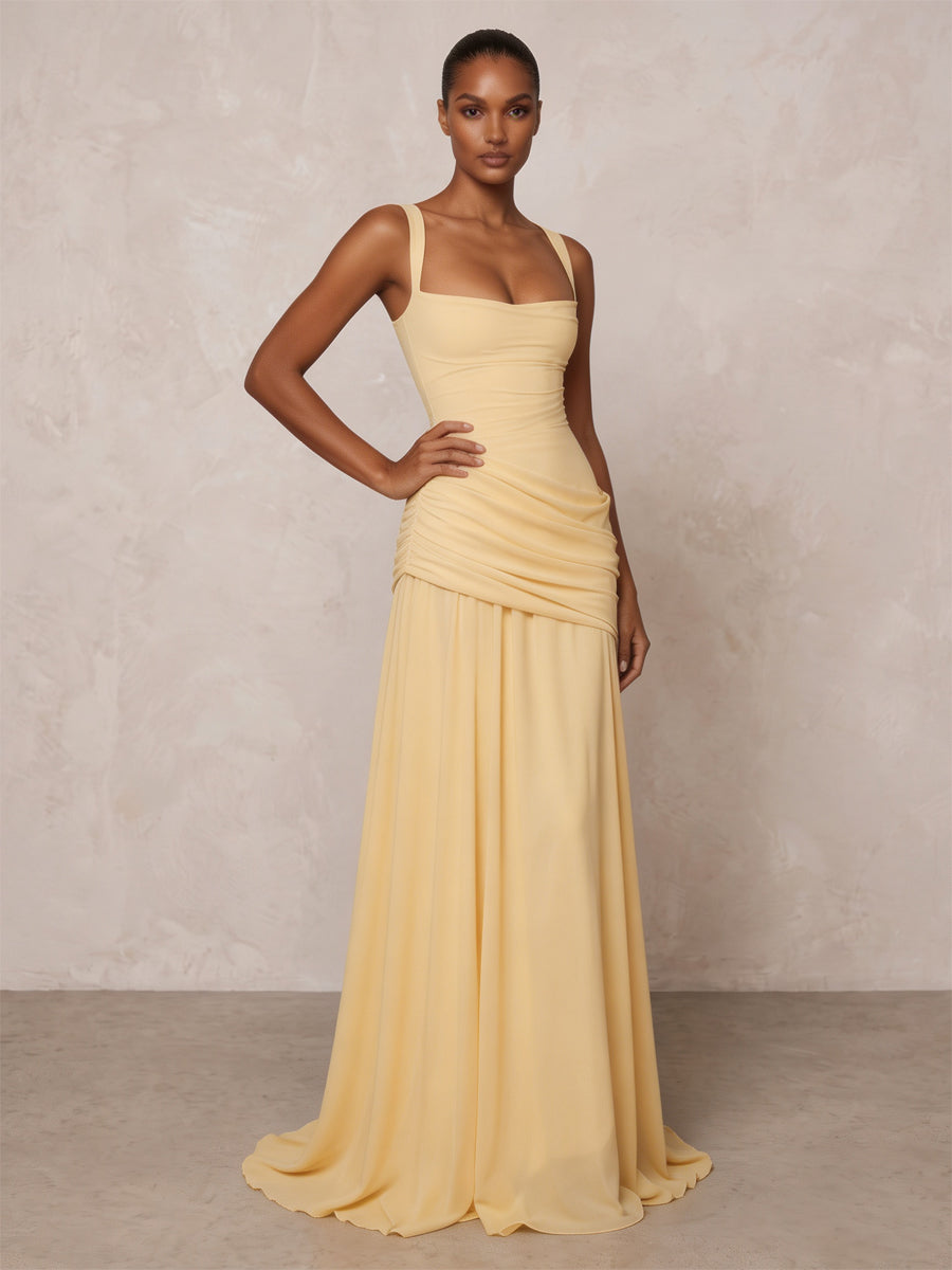 Chiffon Spaghetti Straps Pleated Drop Waist Formal Prom Dresses for Women Evening Gowns