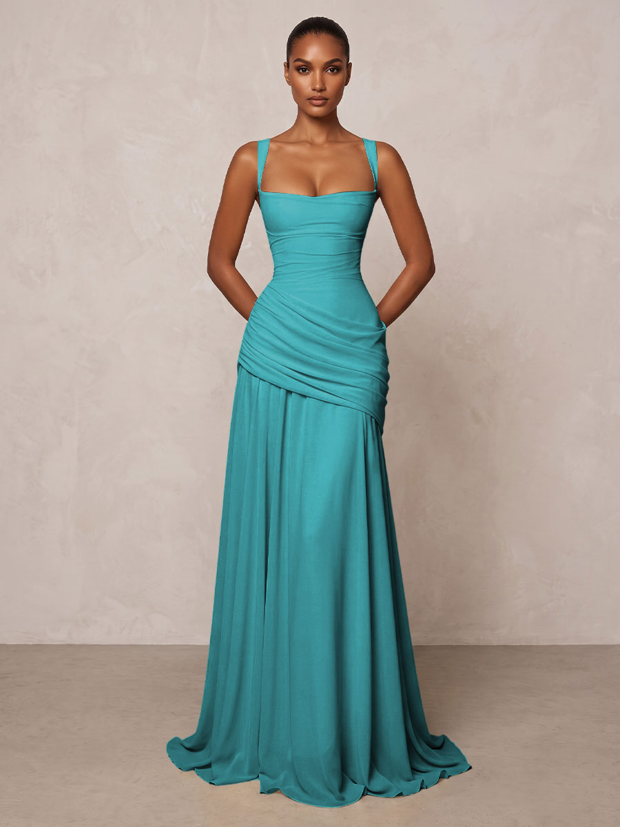 Chiffon Spaghetti Straps Pleated Drop Waist Formal Prom Dresses for Women Evening Gowns