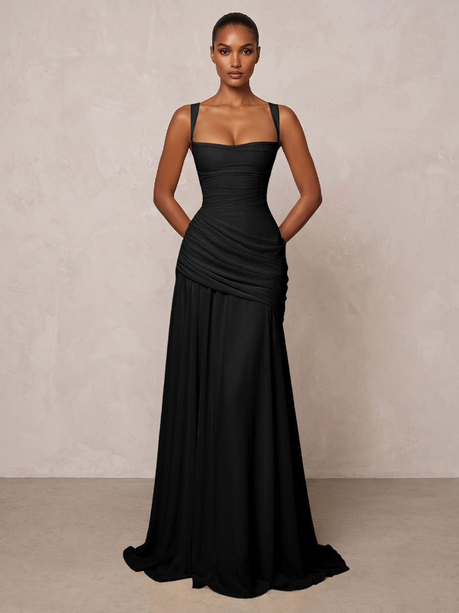 Chiffon Spaghetti Straps Pleated Drop Waist Formal Prom Dresses for Women Evening Gowns