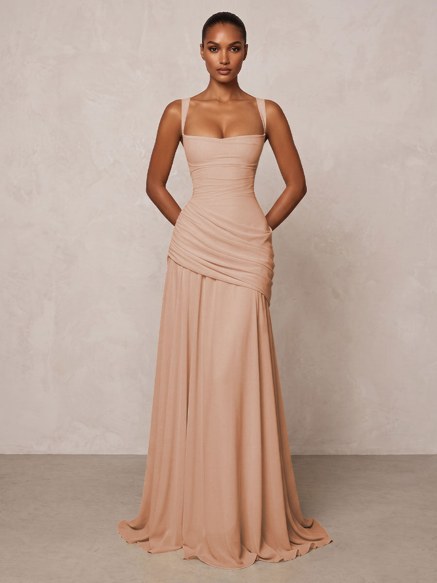 Chiffon Spaghetti Straps Pleated Drop Waist Formal Prom Dresses for Women Evening Gowns