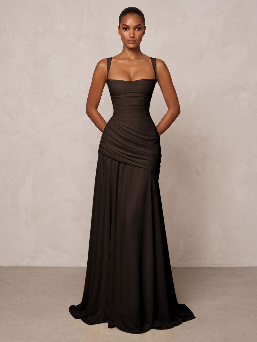 Chiffon Spaghetti Straps Pleated Drop Waist Formal Prom Dresses for Women Evening Gowns