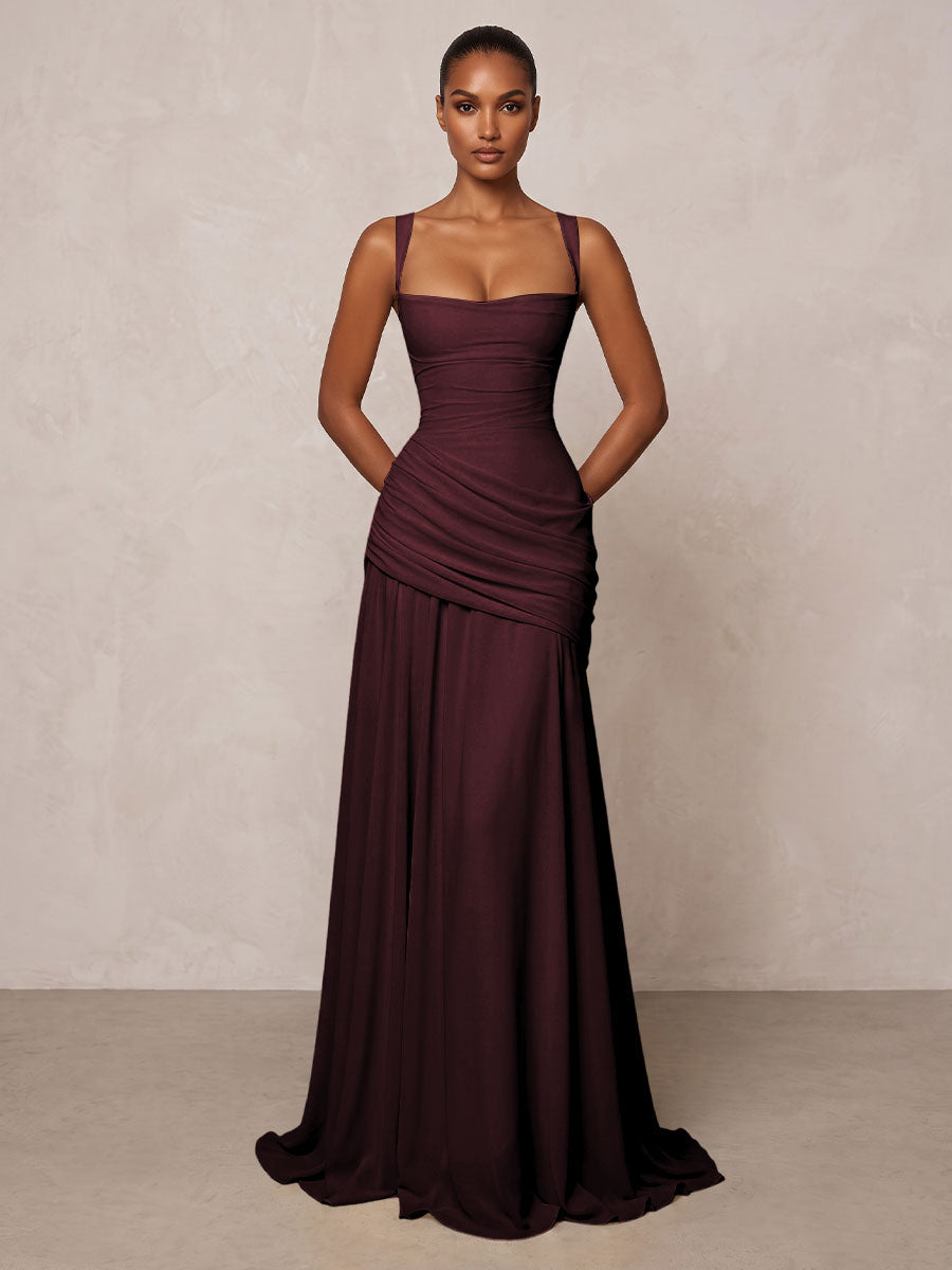 Chiffon Spaghetti Straps Pleated Drop Waist Formal Prom Dresses for Women Evening Gowns