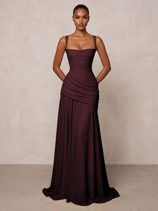 Chiffon Spaghetti Straps Pleated Drop Waist Formal Prom Dresses for Women Evening Gowns