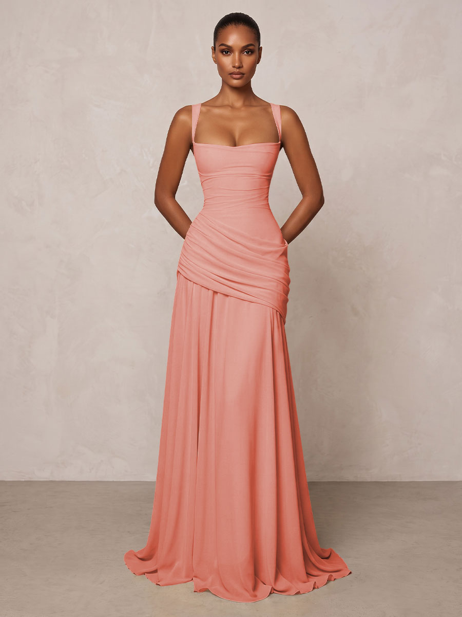 Chiffon Spaghetti Straps Pleated Drop Waist Formal Prom Dresses for Women Evening Gowns