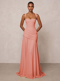 Chiffon Spaghetti Straps Pleated Drop Waist Formal Prom Dresses for Women Evening Gowns