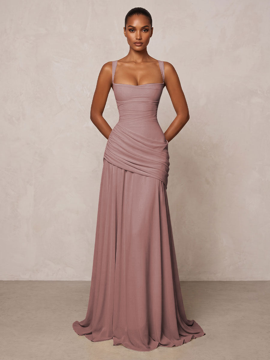 Chiffon Spaghetti Straps Pleated Drop Waist Formal Prom Dresses for Women Evening Gowns