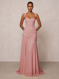 Chiffon Spaghetti Straps Pleated Drop Waist Formal Prom Dresses for Women Evening Gowns