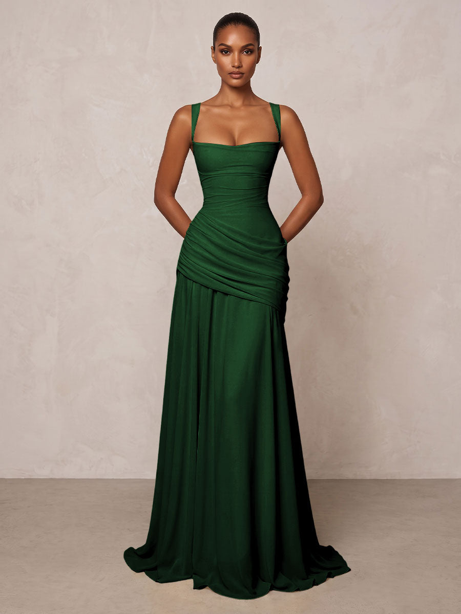 Chiffon Spaghetti Straps Pleated Drop Waist Formal Prom Dresses for Women Evening Gowns