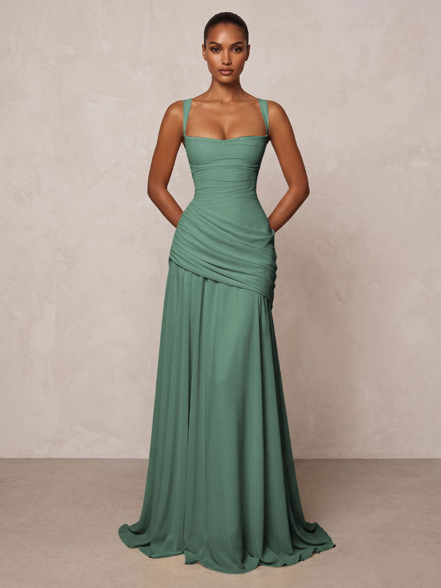 Chiffon Spaghetti Straps Pleated Drop Waist Formal Prom Dresses for Women Evening Gowns