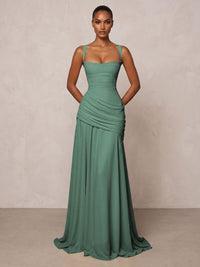 Chiffon Spaghetti Straps Pleated Drop Waist Formal Prom Dresses for Women Evening Gowns