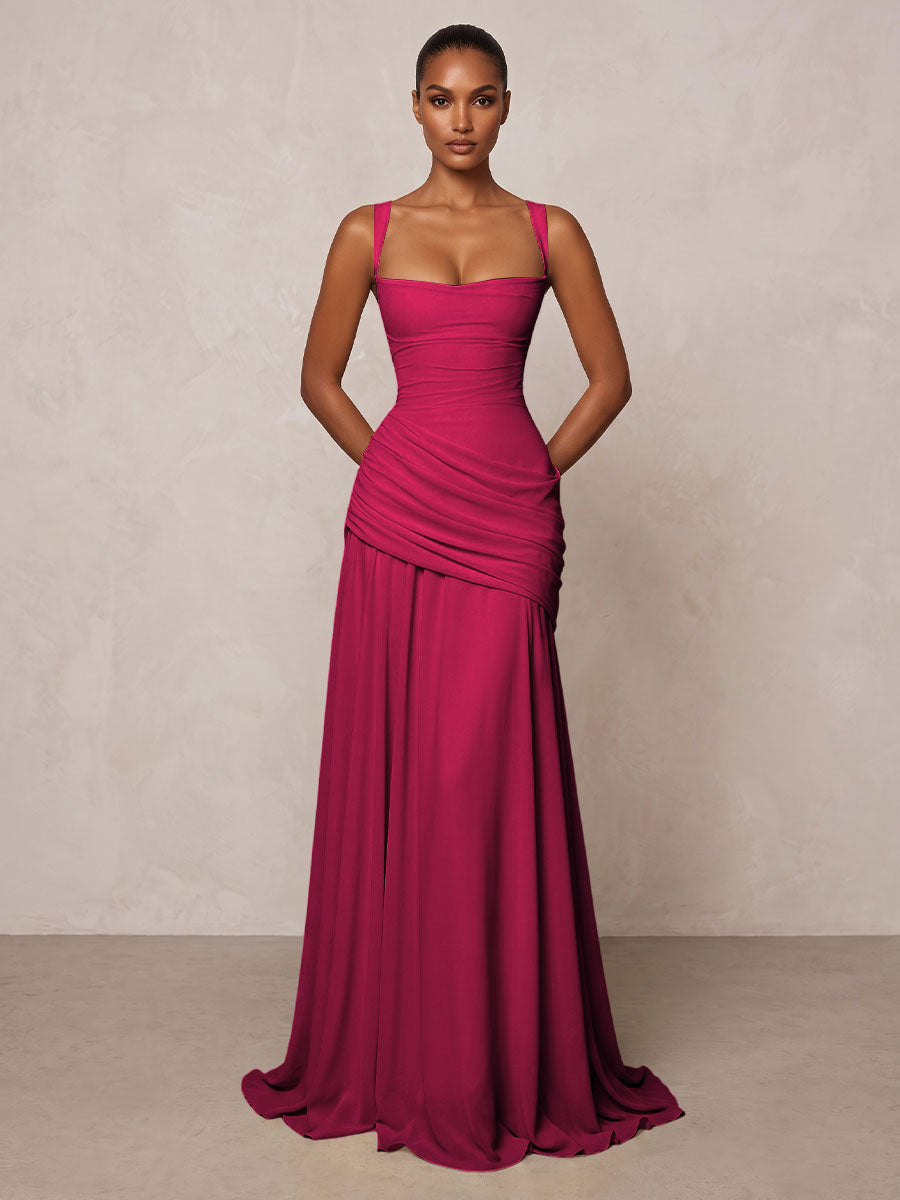 Chiffon Spaghetti Straps Pleated Drop Waist Formal Prom Dresses for Women Evening Gowns