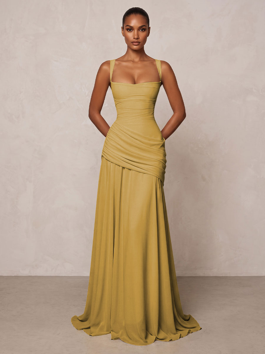 Chiffon Spaghetti Straps Pleated Drop Waist Formal Prom Dresses for Women Evening Gowns