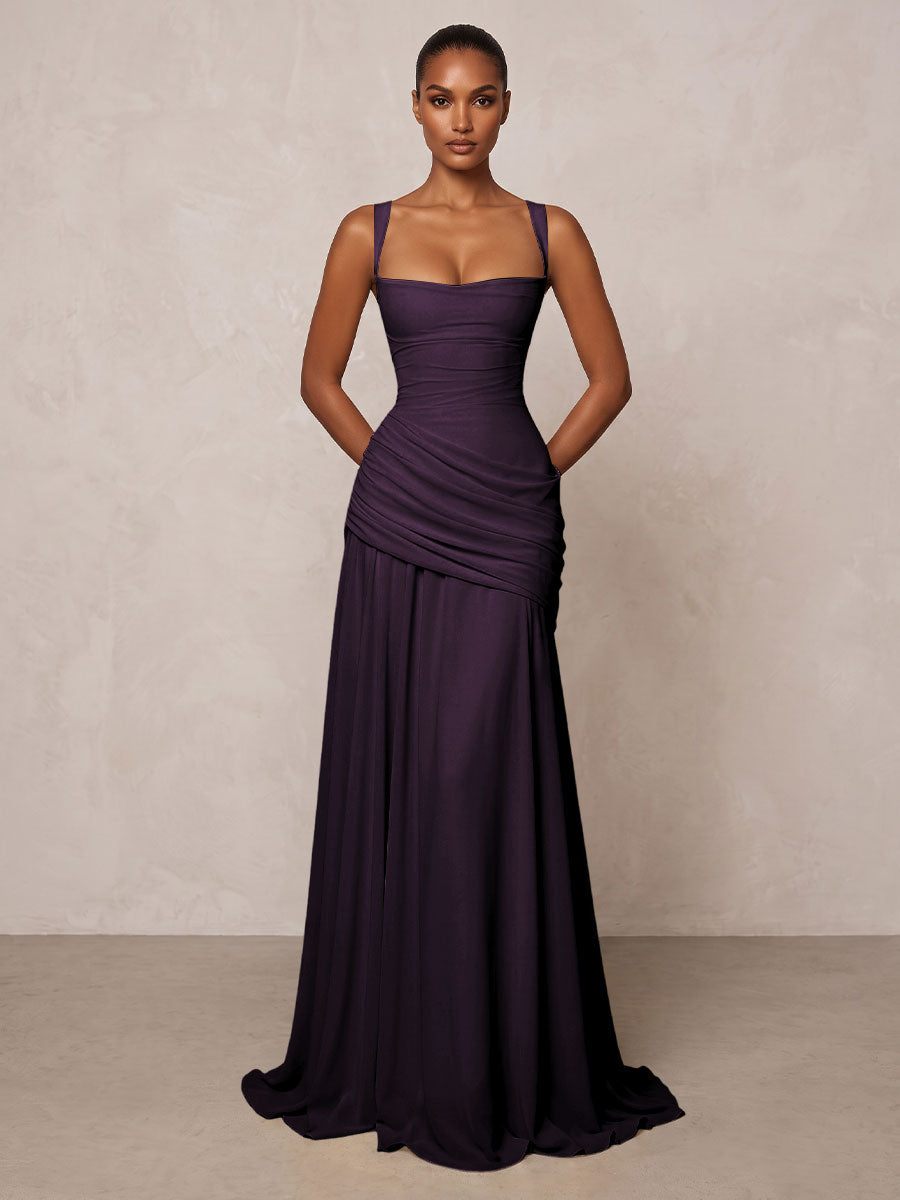 Chiffon Spaghetti Straps Pleated Drop Waist Formal Prom Dresses for Women Evening Gowns