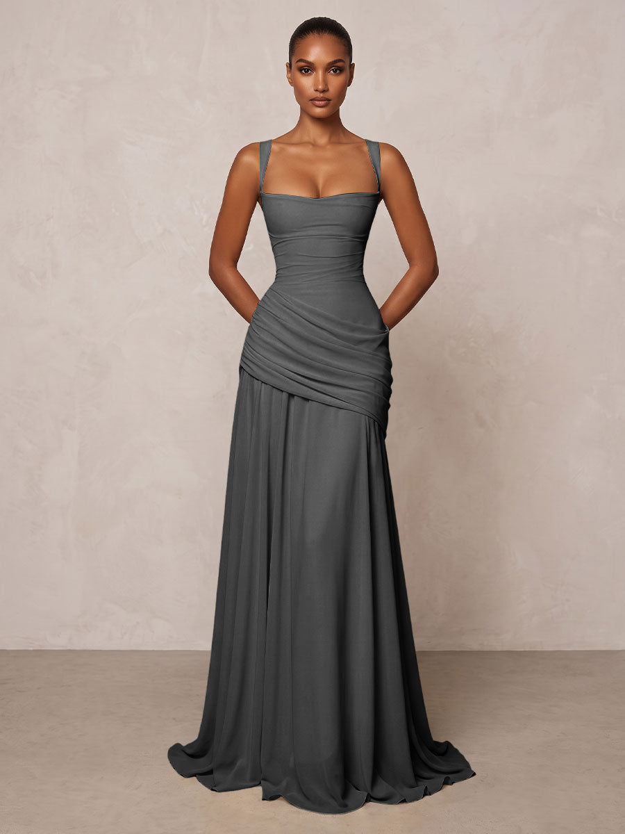 Chiffon Spaghetti Straps Pleated Drop Waist Formal Prom Dresses for Women Evening Gowns