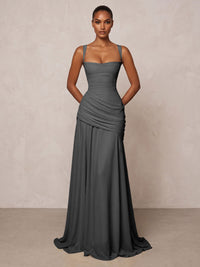Chiffon Spaghetti Straps Pleated Drop Waist Formal Prom Dresses for Women Evening Gowns