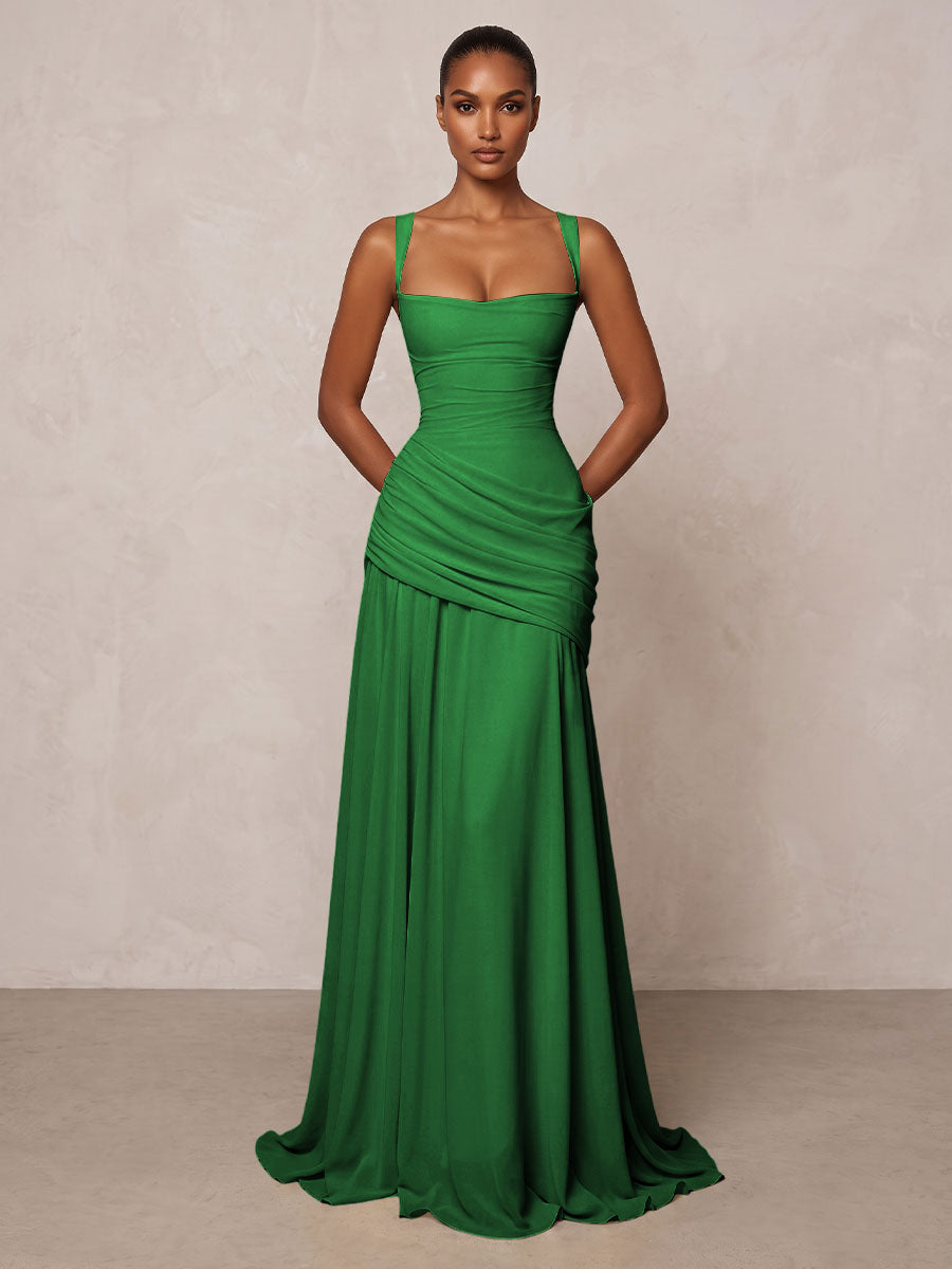 Chiffon Spaghetti Straps Pleated Drop Waist Formal Prom Dresses for Women Evening Gowns