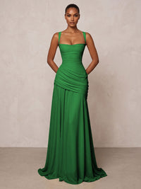 Chiffon Spaghetti Straps Pleated Drop Waist Formal Prom Dresses for Women Evening Gowns
