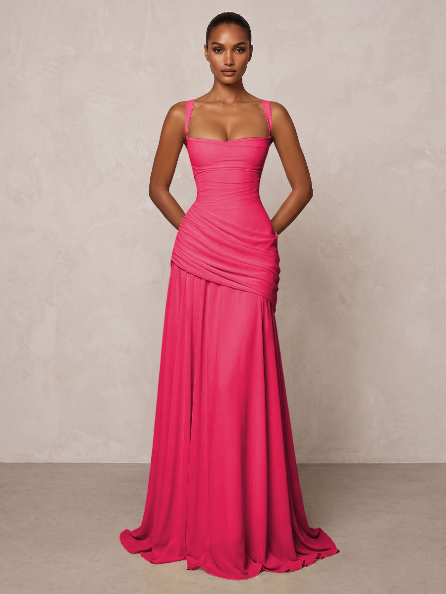 Chiffon Spaghetti Straps Pleated Drop Waist Formal Prom Dresses for Women Evening Gowns