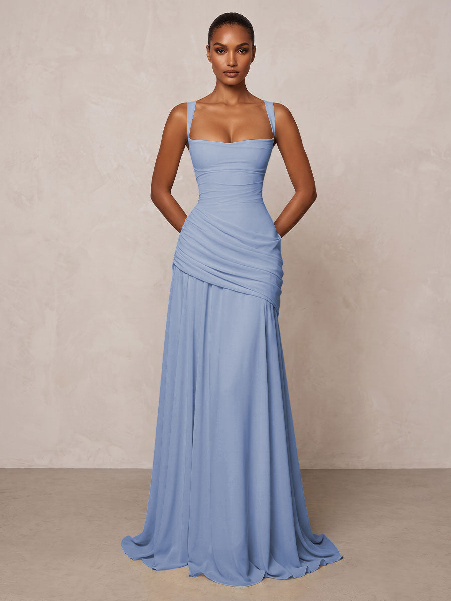 Chiffon Spaghetti Straps Pleated Drop Waist Formal Prom Dresses for Women Evening Gowns