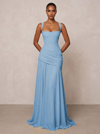 Chiffon Spaghetti Straps Pleated Drop Waist Formal Prom Dresses for Women Evening Gowns
