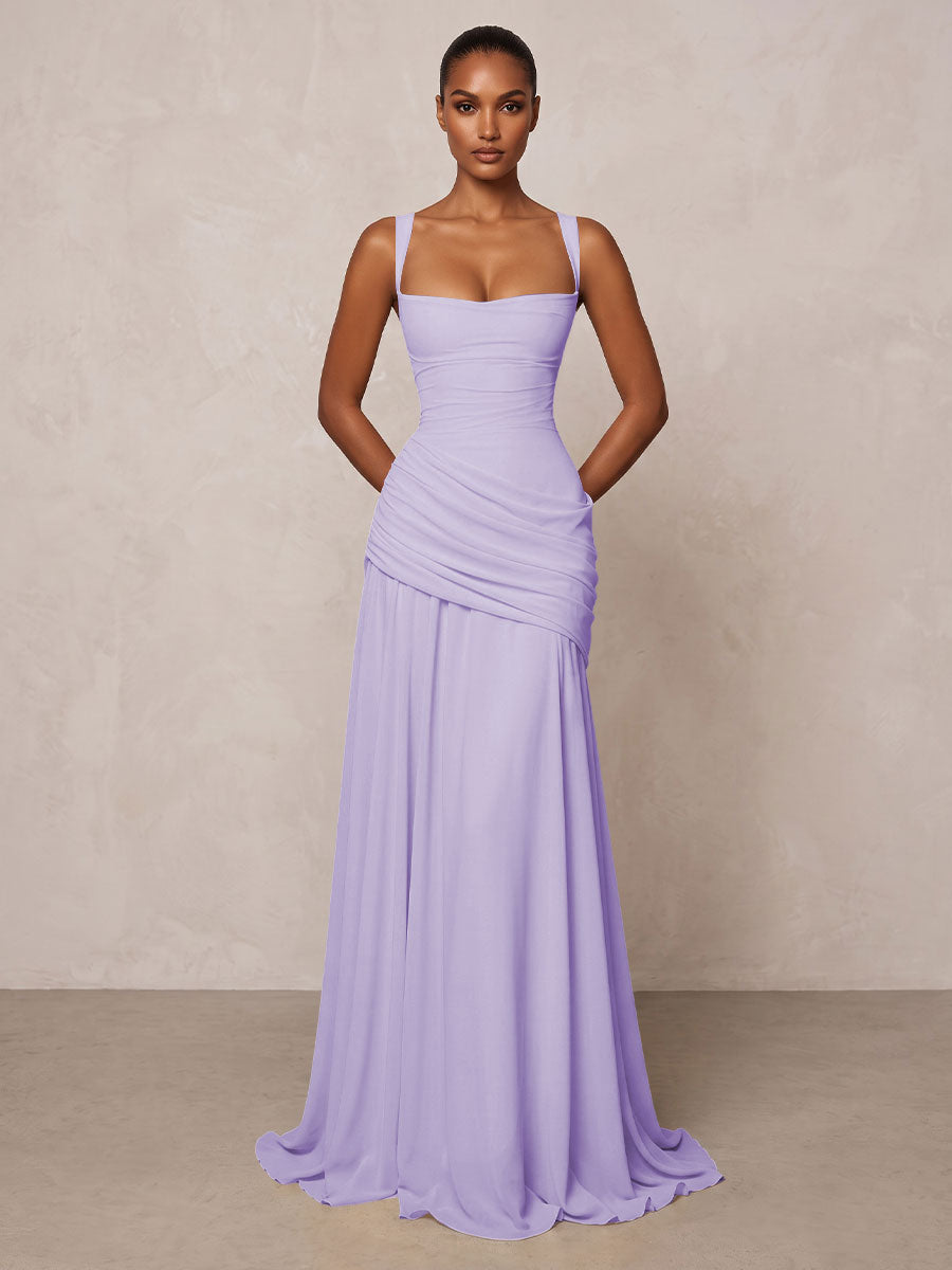 Chiffon Spaghetti Straps Pleated Drop Waist Formal Prom Dresses for Women Evening Gowns