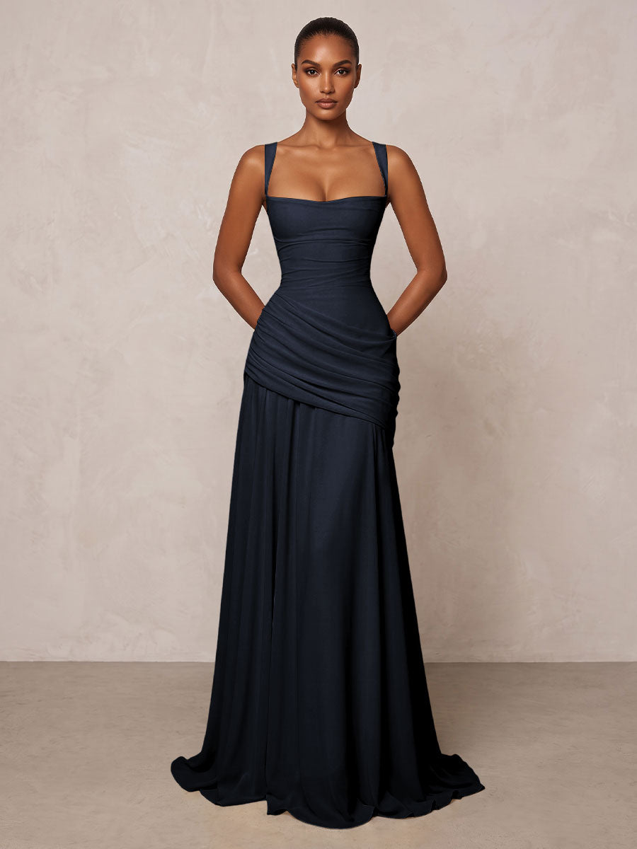 Chiffon Spaghetti Straps Pleated Drop Waist Formal Prom Dresses for Women Evening Gowns