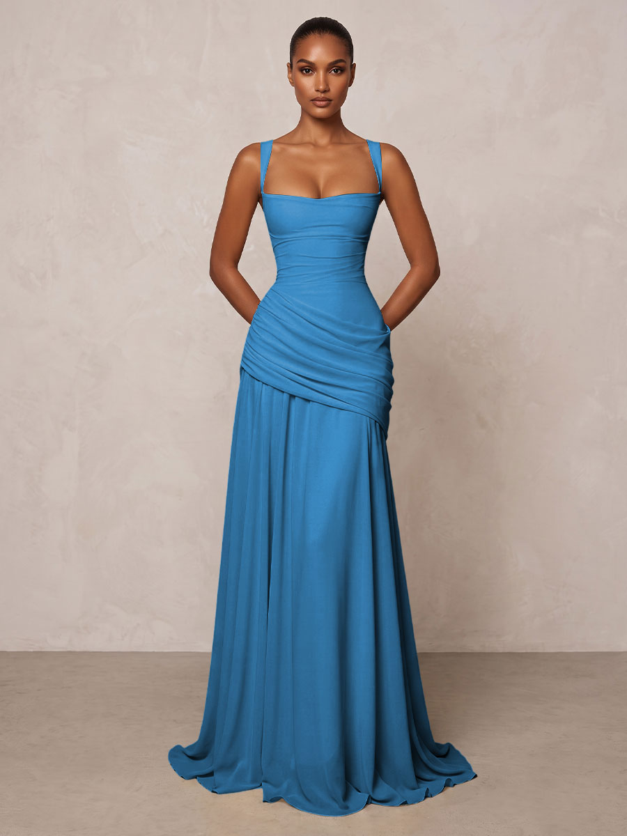 Chiffon Spaghetti Straps Pleated Drop Waist Formal Prom Dresses for Women Evening Gowns
