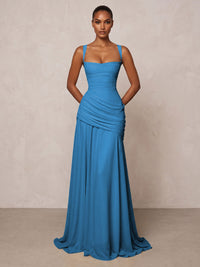Chiffon Spaghetti Straps Pleated Drop Waist Formal Prom Dresses for Women Evening Gowns