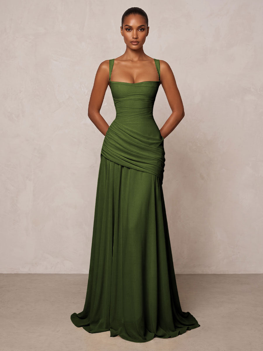 Chiffon Spaghetti Straps Pleated Drop Waist Formal Prom Dresses for Women Evening Gowns