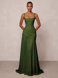 Chiffon Spaghetti Straps Pleated Drop Waist Formal Prom Dresses for Women Evening Gowns