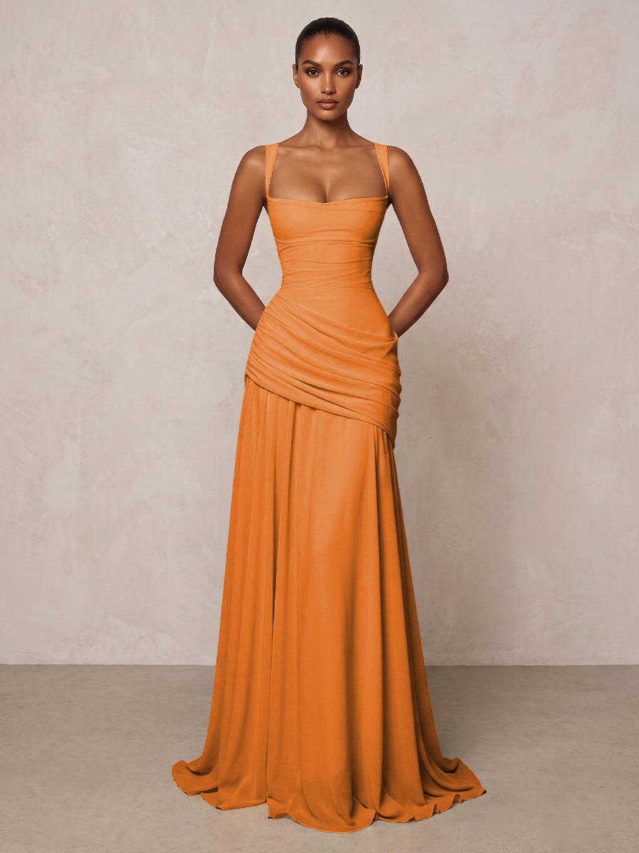 Chiffon Spaghetti Straps Pleated Drop Waist Formal Prom Dresses for Women Evening Gowns
