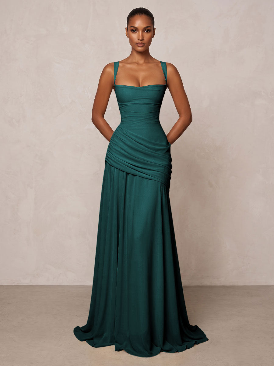 Chiffon Spaghetti Straps Pleated Drop Waist Formal Prom Dresses for Women Evening Gowns