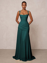Chiffon Spaghetti Straps Pleated Drop Waist Formal Prom Dresses for Women Evening Gowns