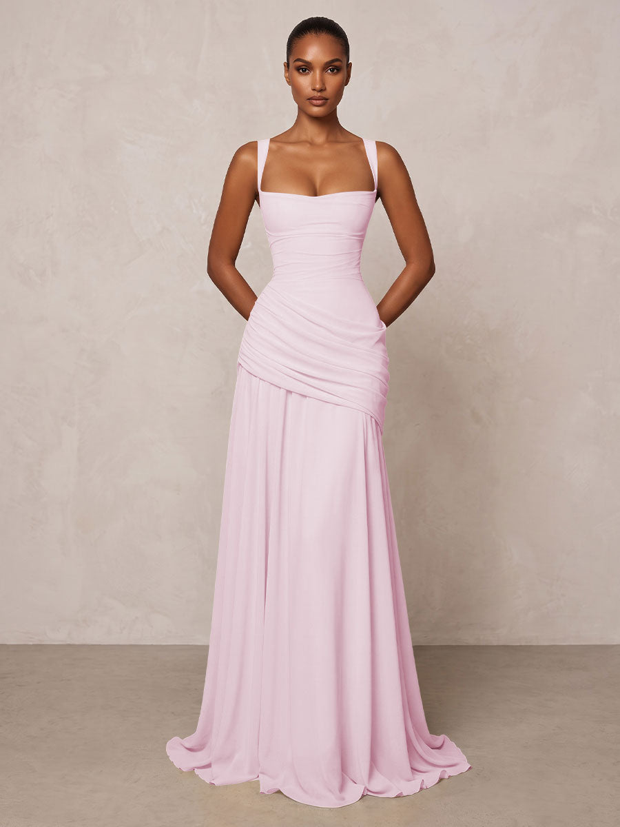 Chiffon Spaghetti Straps Pleated Drop Waist Formal Prom Dresses for Women Evening Gowns