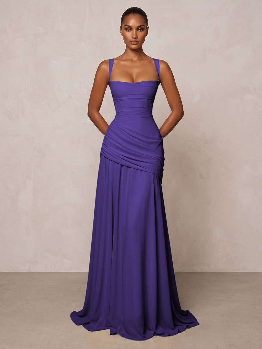 Chiffon Spaghetti Straps Pleated Drop Waist Formal Prom Dresses for Women Evening Gowns