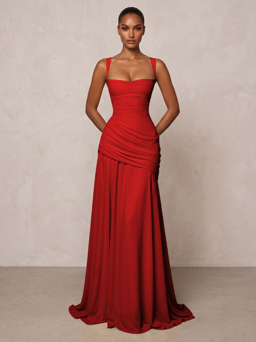 Chiffon Spaghetti Straps Pleated Drop Waist Formal Prom Dresses for Women Evening Gowns