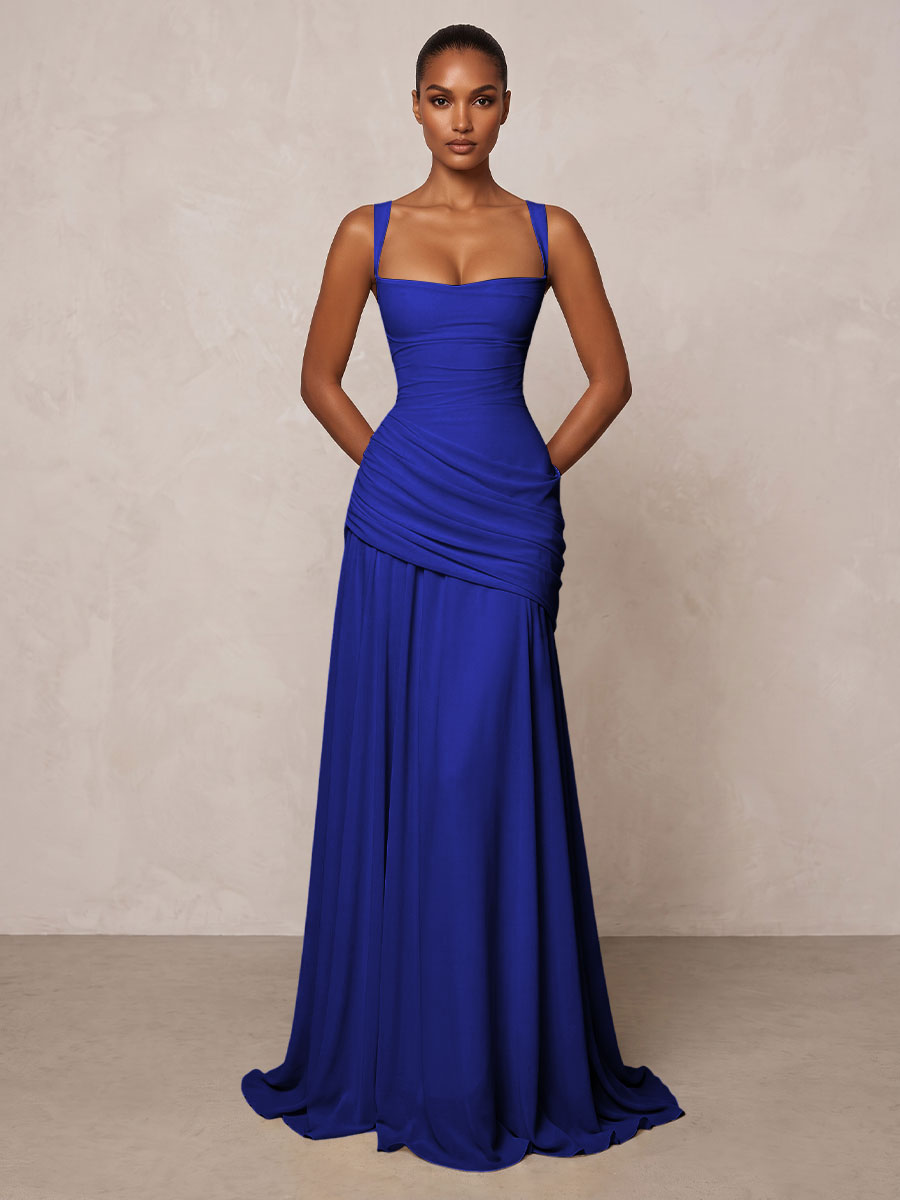 Chiffon Spaghetti Straps Pleated Drop Waist Formal Prom Dresses for Women Evening Gowns